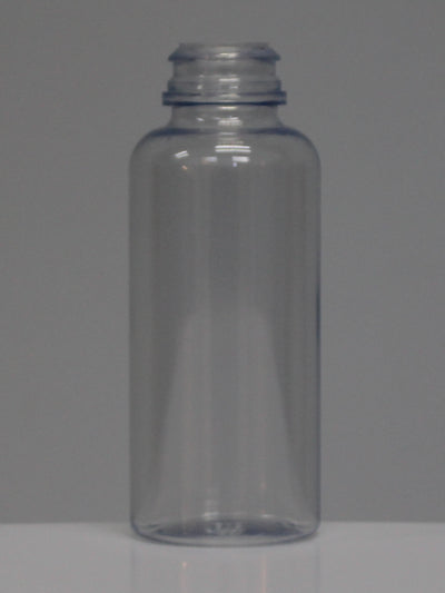 A 100ml clear blue PVC medical round bottle with a screw-on lid.