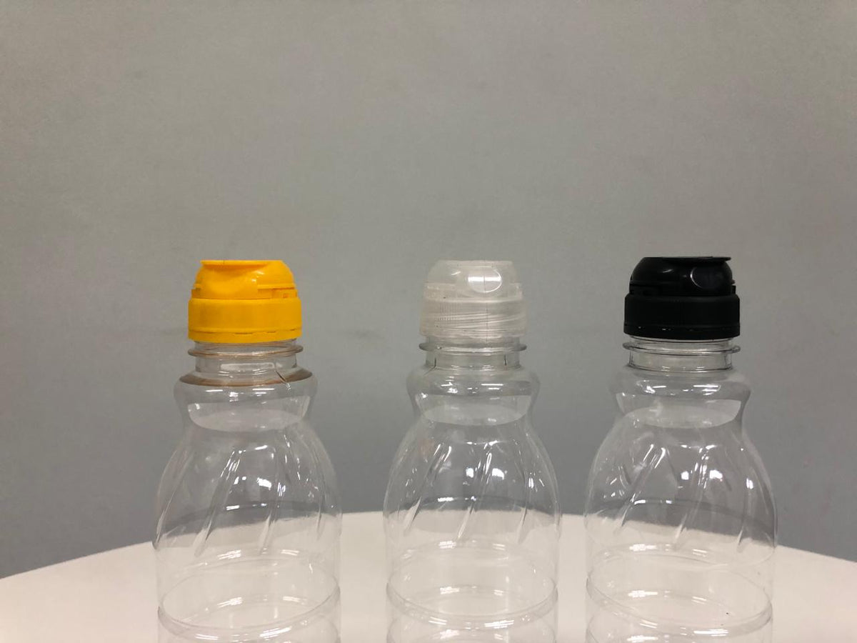 350ml PET Juice Bottle - Clear with 38mm Sports Flip Cap - Assorted Colours (100 per pack)