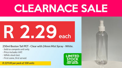 250ml Boston Tall PET - Clear with 24mm Mist Sprayer - White - Clearance (Pack of 100 units)