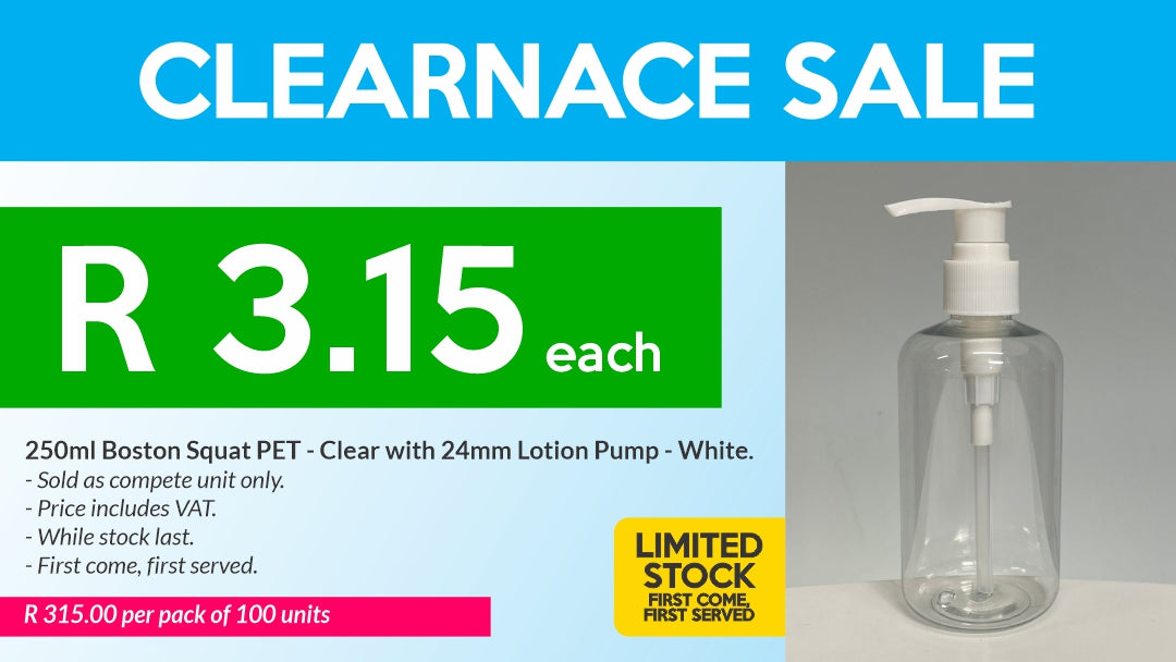 250ml Boston Squat PET - Clear with 24mm Lotion Pump - White - Clearance (Pack of 100 units)