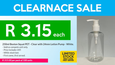250ml Boston Squat PET - Clear with 24mm Lotion Pump - White - Clearance (Pack of 100 units)