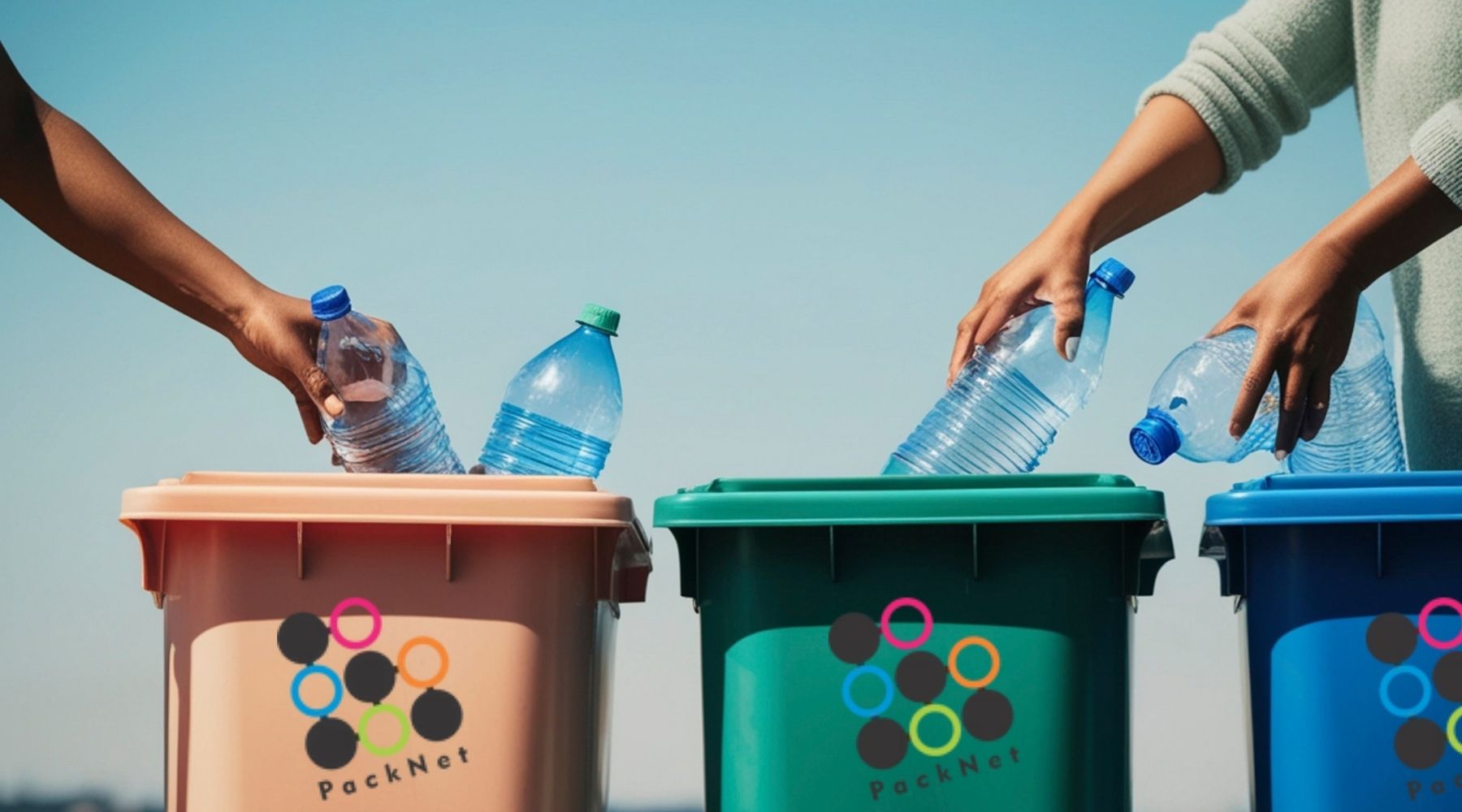 People recycling plastic bottles into colour-coded PackNet bins promoting sustainable packaging and recycled PET solutions in South Africa.