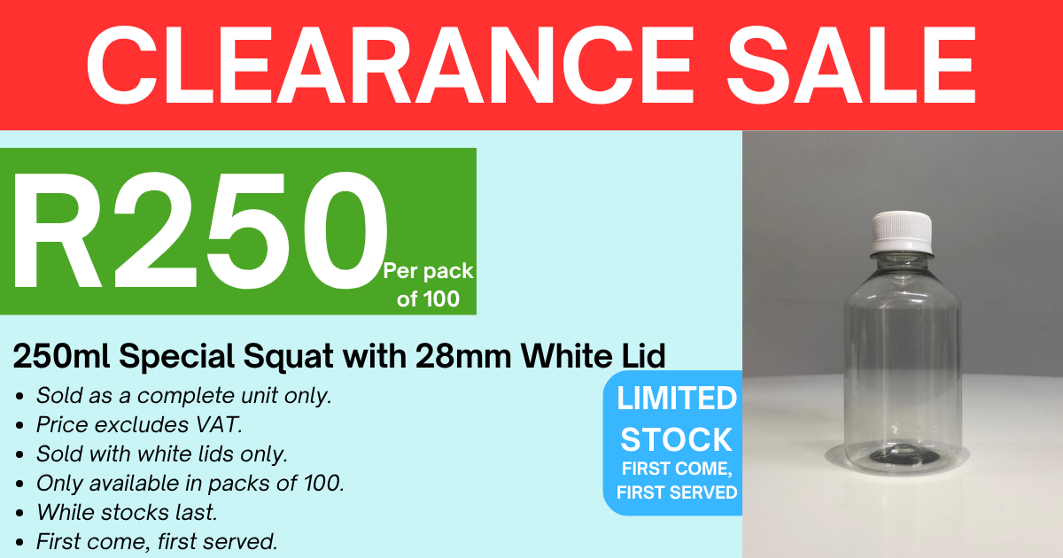 250ml PET Special Squat Bottle - Clear with 28mm PCO Cap - White (Pack of 100 units)