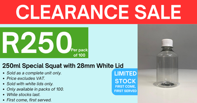 250ml PET Special Squat Bottle - Clear with 28mm PCO Cap - White (Pack of 100 units)