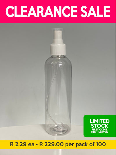 250ml Boston Tall PET - Clear with 24mm Mist Sprayer - White - Clearance (Pack of 100 units)